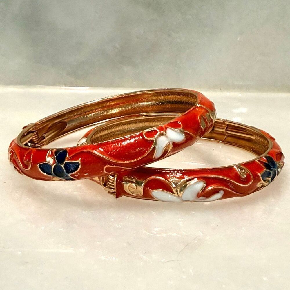 NWT UJOY Enameled Floral Cloisonne Cuff Red & Gold-tone Bangle Bracelet Set of 2